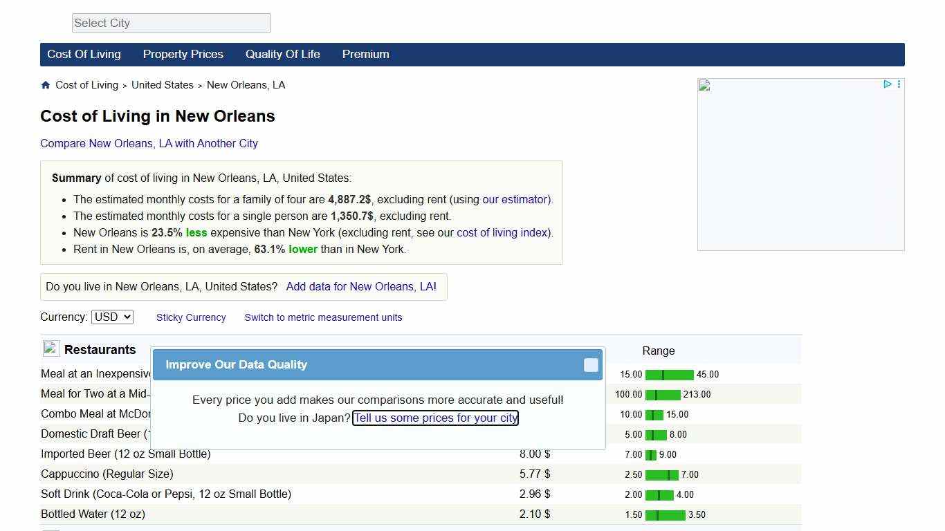 Cost of Living in New Orleans, Louisiana. Jan 2026. Prices in New Orleans